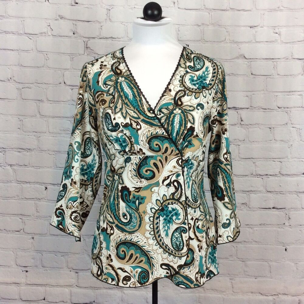Cato Women’s Size S Faux Wrap Top 3/4 Sleeve V-Neck Brown Accent Trim Paisley